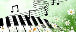 Na zielonym tle ikony nut, pięciolinia, klawisze pianina oraz kwiaty. 