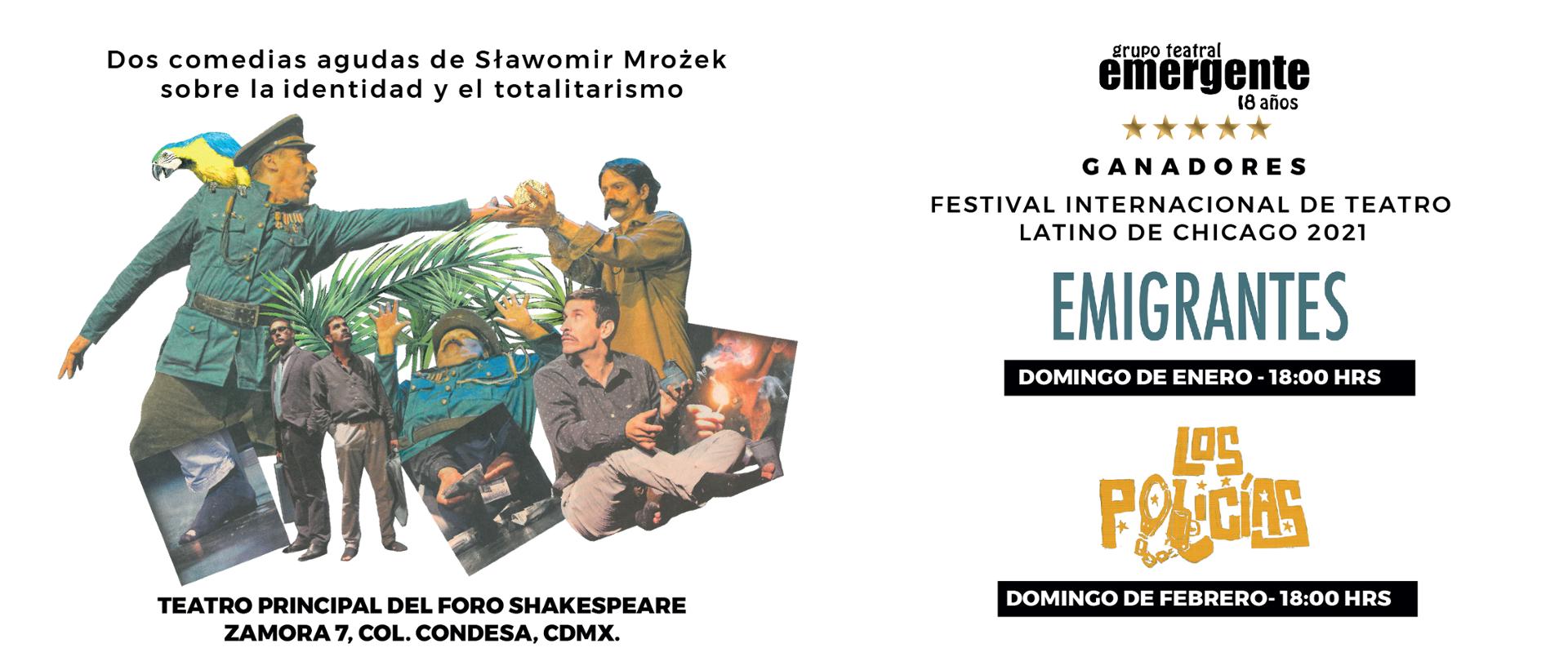 Grafika zachęcająca do obejrzenia spektaklu "Emigranci" i "Policja" Sławomira Mrożka w styczniu i lutym 2025 r. na głównej scenie Foro Shakespeare w Mieście Meksyk.