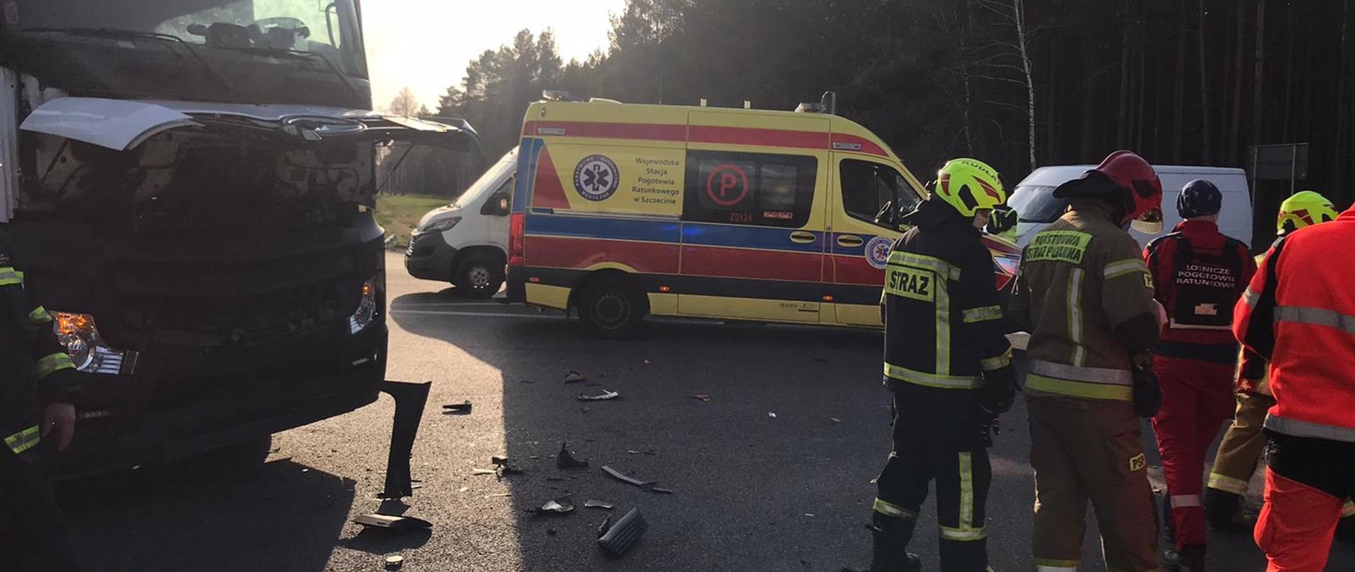 po prawej grupa ratowników, po prawej samochód ciężarowy z podniesioną maską przednim połamane elementy z rozbitych pojazdów, w tle karetka podstawowa w kolorze żółtym. 