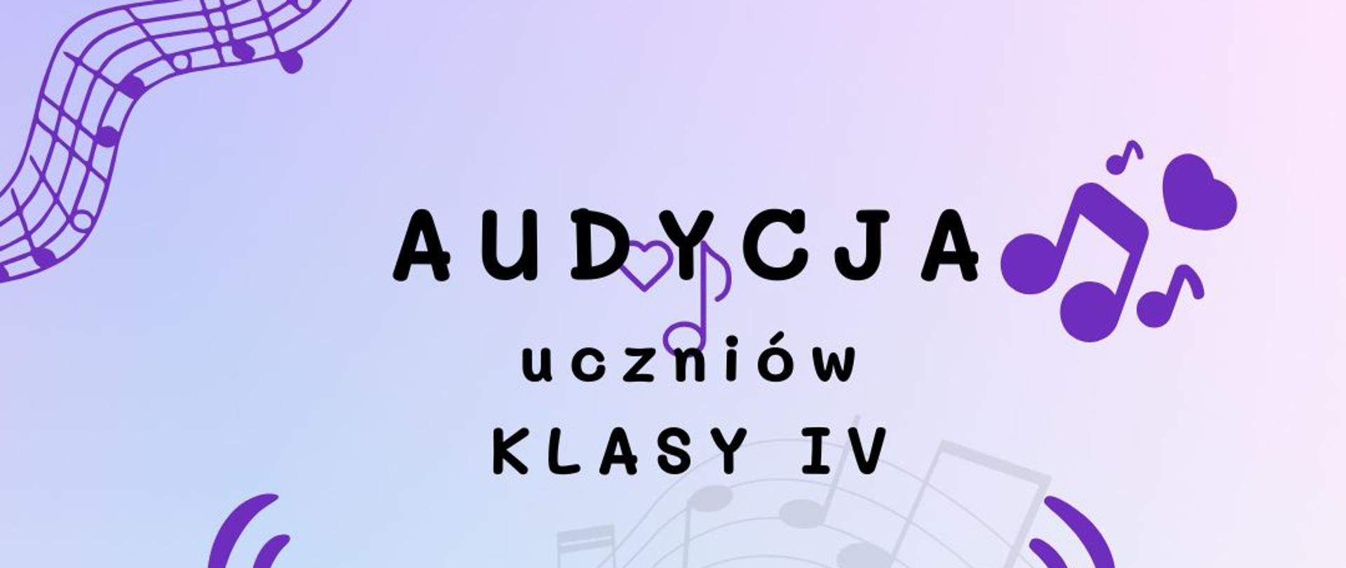 Plakat o radosnej, dziecięcej estetyce na pastelowym tle z płynnym gradientem przechodzącym od jasnego fioletu u góry do błękitu na dole. W centralnej części, pod napisami, znajduje się kolorowa grafika przedstawiająca otwarty zeszyt nutowy, na którym i obok którego ułożone są instrumenty muzyczne: brązowe skrzypce, żółta waltornia, drewniany tamburyn oraz dwa kolorowe marakasy. W rogach plakatu (lewym górnym i prawym dolnym) ciągną się fioletowe, falujące pięciolinie z nutami. Dodatkowo wokół tekstu rozsiane są pojedyncze, grube fioletowe nutki, serduszka oraz symbole muzyczne. W centrum, za głównym tekstem, przebija bardzo delikatny, jasnoszary zarys dodatkowej pięciolinii. Teksty zapisane są czarną i czerwoną czcionką, miejscami ozdobną i falującą.