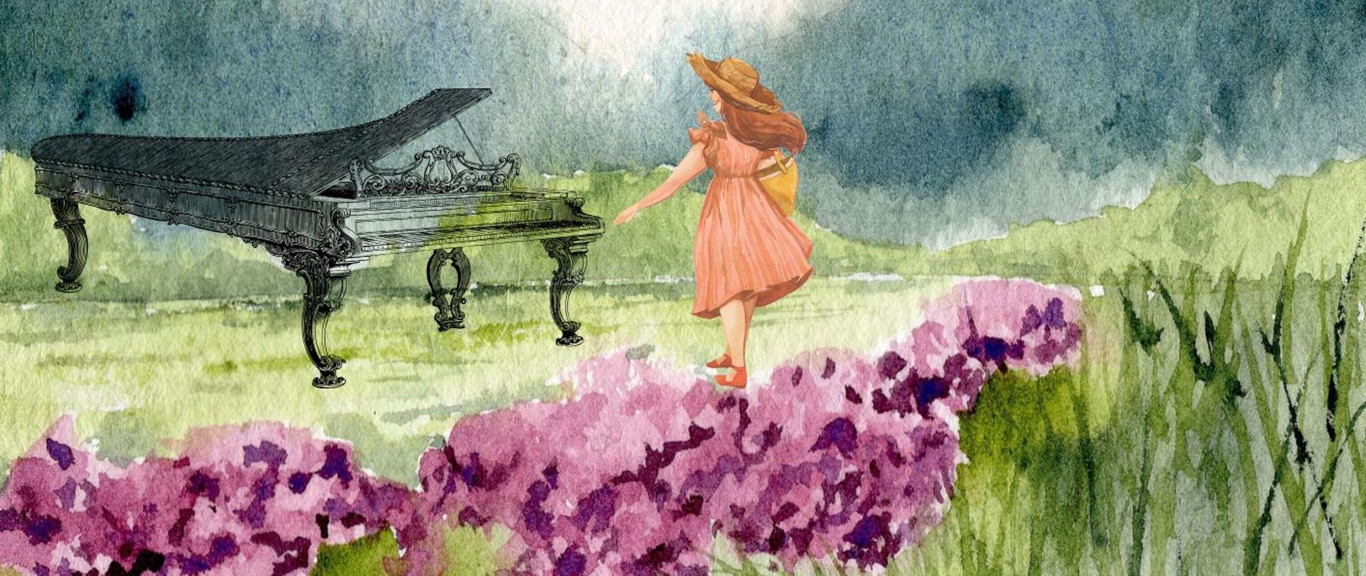 Plakat przedstawia kwiecistą łąkę, na której stoi dziewczynka w kapeluszu przy fortepianie.