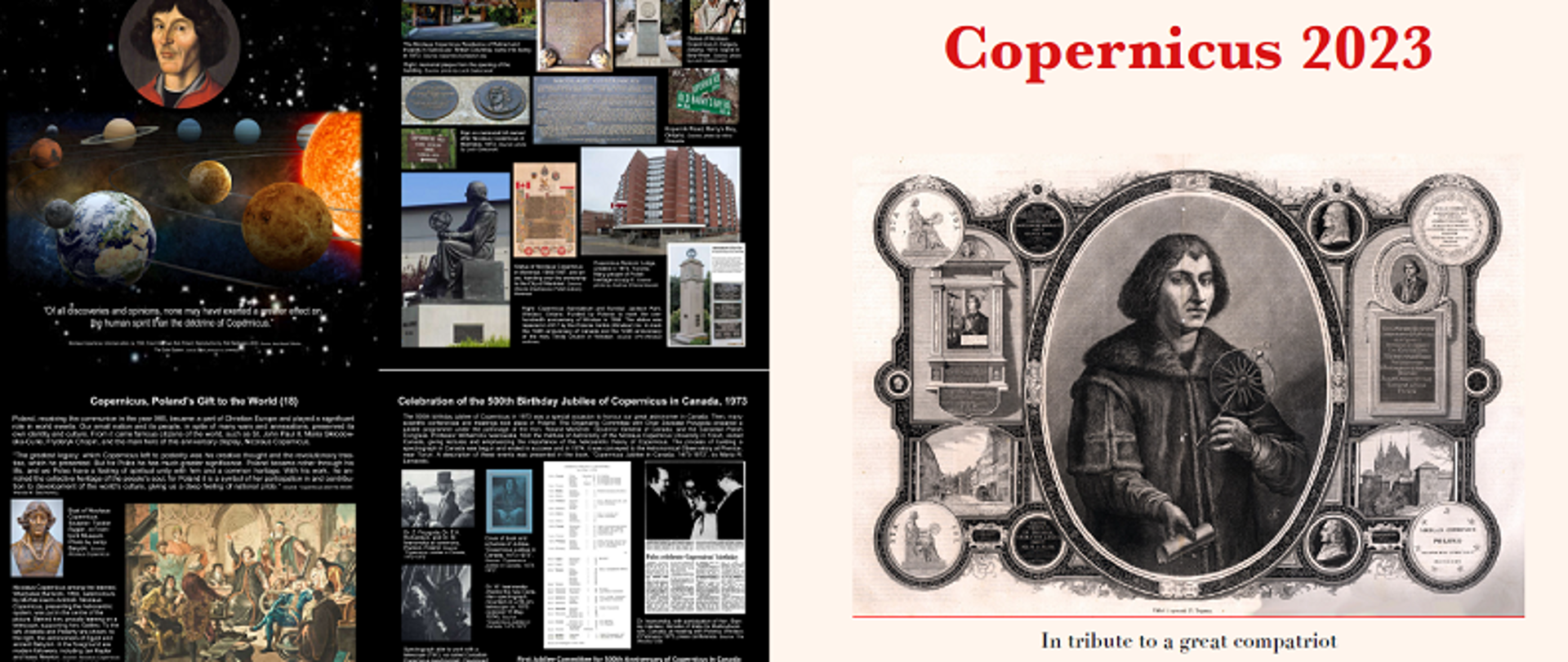 Grafika przedstawiająca sylwetkę Mikołaja Kopernika. Składa się z dwóch części. Po prawej stronie zdjęcie Kopernika. Po lewej historia życia
