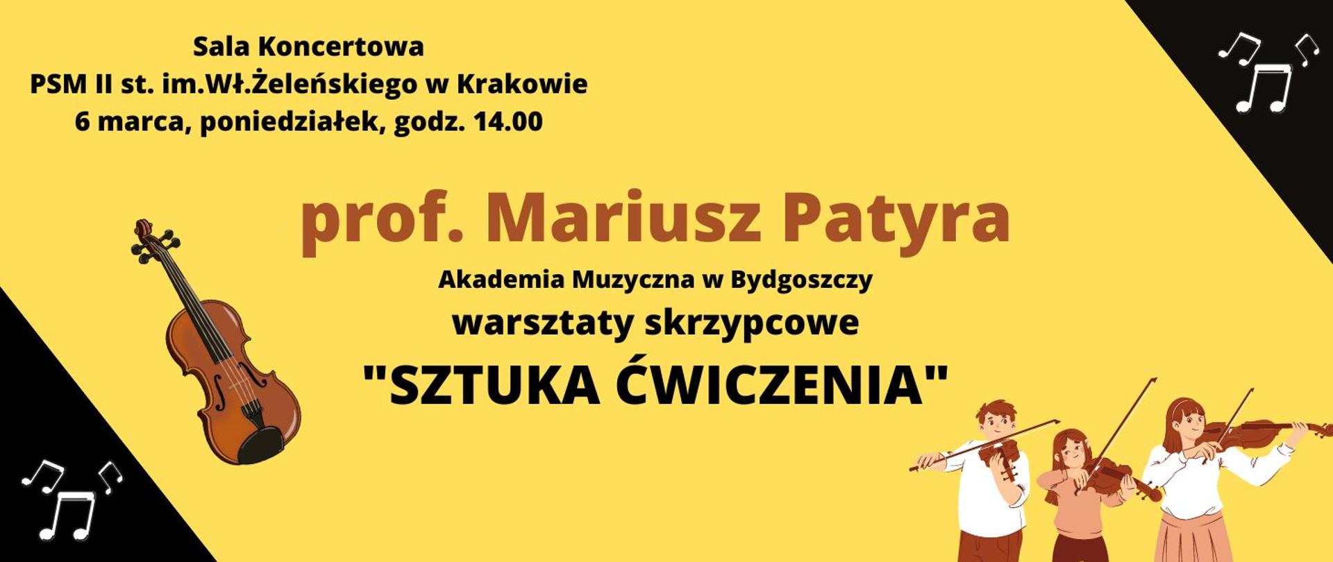 Na żółtym tle plakat prof.Mariusz Partyka "Sztuka ćwiczenia" grafika brązowe skrzypce, grupa dzieci grających na skrzypcach