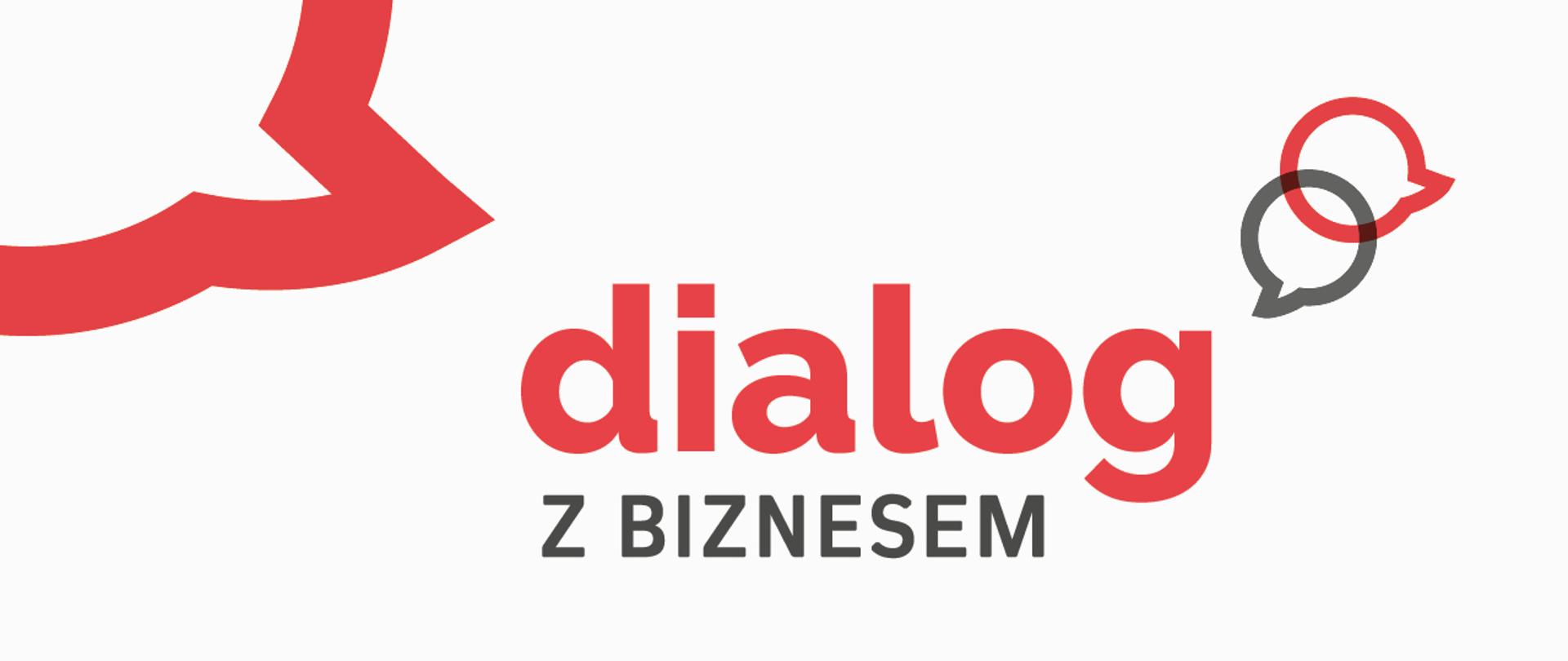 Napis Dialog z Biznesem i piktogramy komiksowych chmurek dialogowych.