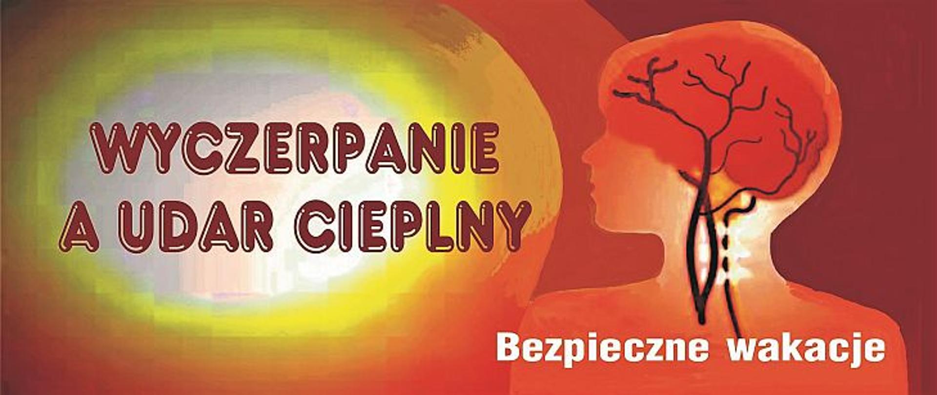 Na czerwono- żółtym tle widnieje napis: wyczerpanie a udar cieplny, natomiast z prawej strony znajduje się obraz przekroju ludzkiej głowy z widocznym mózgiem