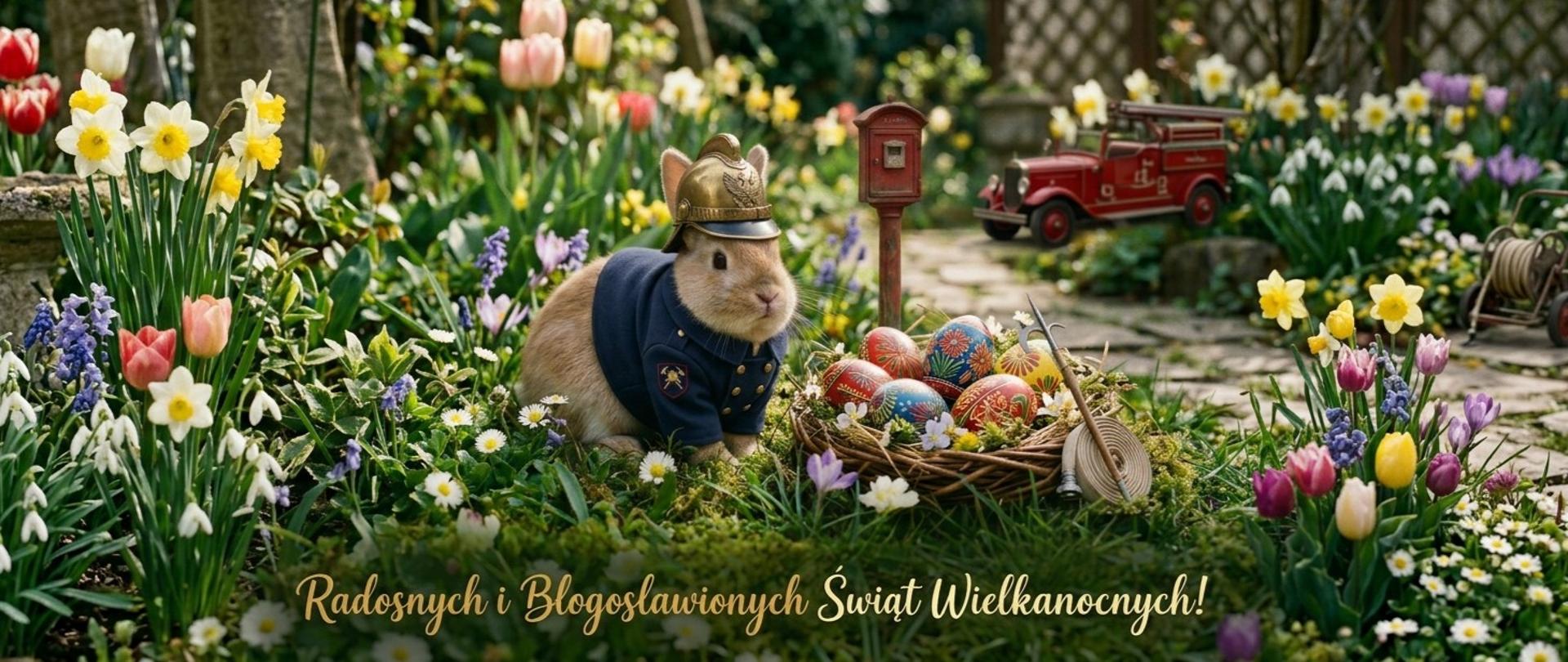 Realistyczna, panoramiczna kartka przedstawia puszystego zajączka w mosiężnym hełmie i granatowym mundurze strażackim, siedzącego w wiosennym ogrodzie pełnym narcyzów i tulipanów. Obok niego znajduje się koszyk z kolorowymi pisankami oraz atrybuty strażackie, takie jak wąż, bosak i miniaturowy wóz bojowy w tle. Całość dopełnia elegancki, złoty napis z życzeniami „Radosnych i Błogosławionych Świąt Wielkanocnych!”. Grafika łączy ciepły, świąteczny klimat z motywem strażackiej służby w słonecznej, estetycznej scenerii.