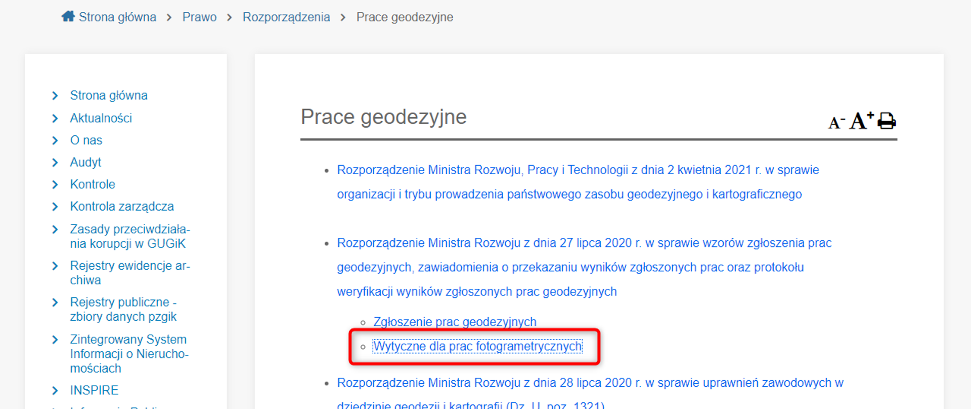 Ilustracja przedstawia zrzut ekranu ze strony BIP GUGiK z zaznaczonym miejscem, w którym publikowane są wytyczne.