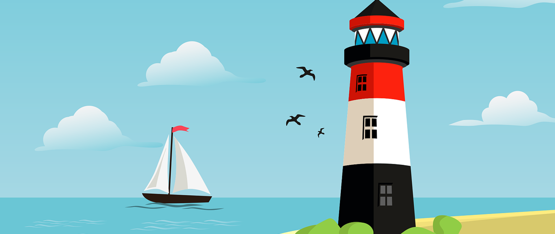 obrazek przedstawiający nadmorską plażę z latarnią i łódką w tle 