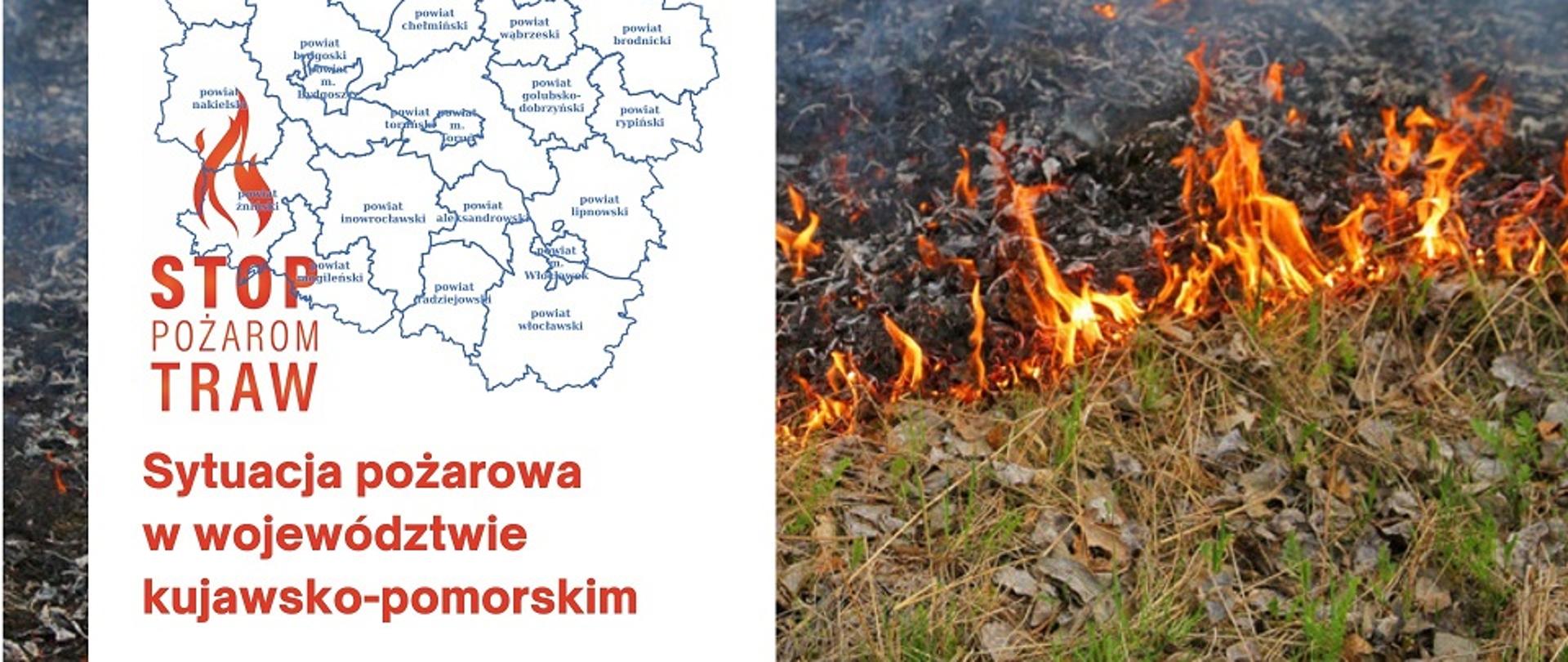 zdjęcie - plakat - płonąca trawa, oraz napis informujący o sytuacji pożarowej w województwie.