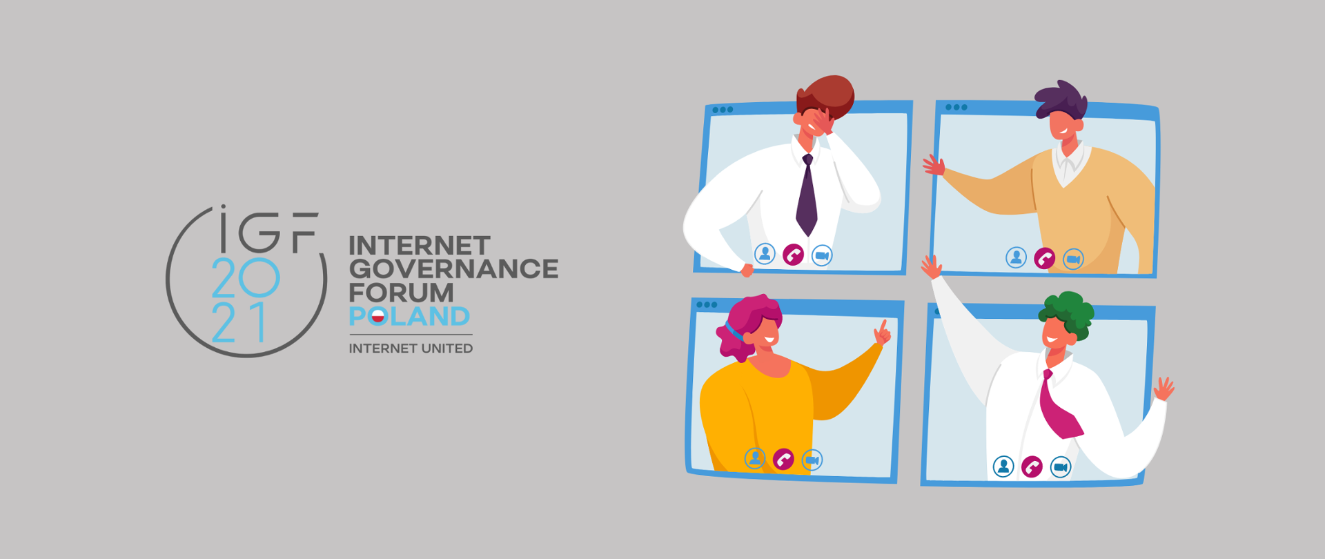 Szara grafika wektorowa. Po lewej stronie logo IGF. Po prawej stronie cztery ekrany komputerów, z których wychodzą ludzie. 