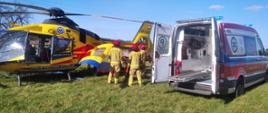 Na pierwszym planie po prawej stronie znajduje się częściowo widoczny ambulans z otwartymi tylnymi drzwiami. Ambulans jest biało-czerwono-niebieski i ma na boku widoczne logo z napisem "AMBULANS". Wewnątrz ambulansu widać nosze.
Obok ambulansu, na środku kadru, stoi żółto-czerwony helikopter ratunkowy z niebieskimi elementami. Na boku helikoptera widnieje logo i napis "LOTNICZE POGOTOWIE RATUNKOWE".
Pomiędzy helikopterem a ambulansem stoi dwóch ratowników medycznych ubranych w beżowe kombinezony i czerwone kaski. Jeden z ratowników stoi tyłem do kamery, a drugi jest częściowo zasłonięty przez helikopter.
W tle rozciąga się zielona trawiasta powierzchnia, a dalej widać drzewa bez liści i błękitne niebo.
Scena sugeruje akcję ratunkową z udziałem Lotniczego Pogotowia Ratunkowego i ambulansu.