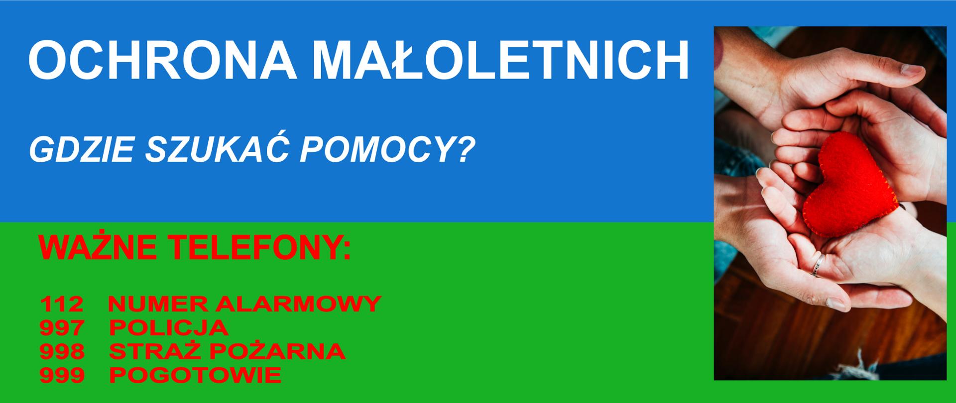 Grafika na niebiesko zielonym tle, na niebieskim tle biały napis: ochrona małoletnich gdzie szukać pomocy?, na zielonym tle czerwony tekst: ważne telefony: 112 numer alarmowy 997 policja 998 straż pożarna 999 pogotowie