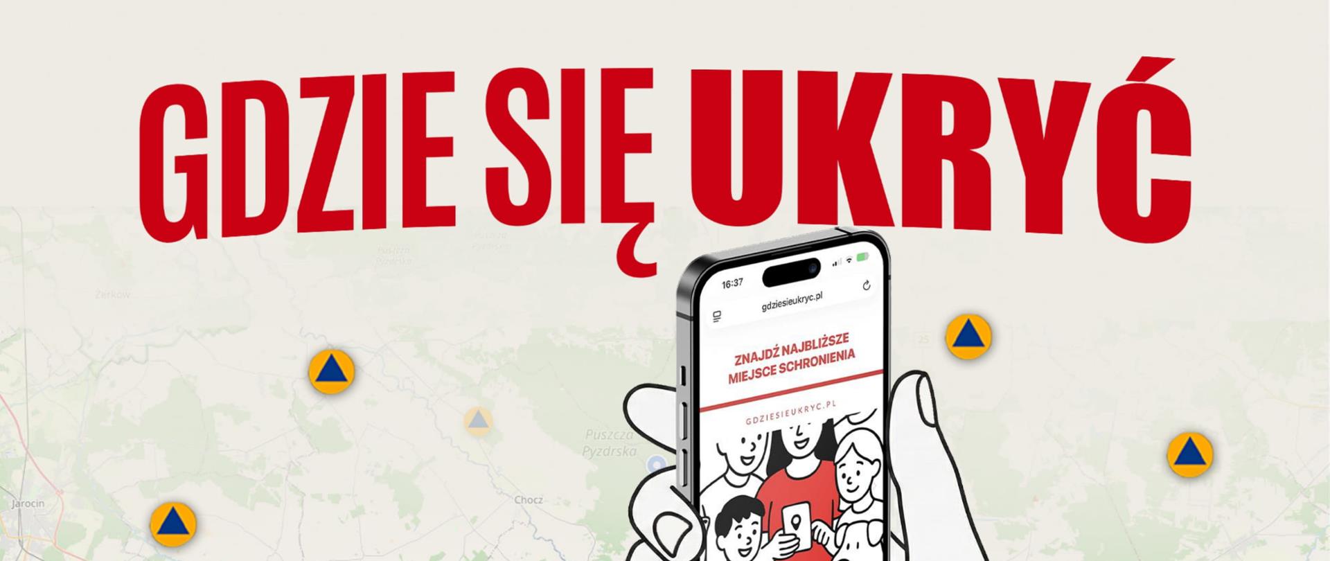 Baner ukazujący mapę i smartfon z aplikacją trzymany w dłoni