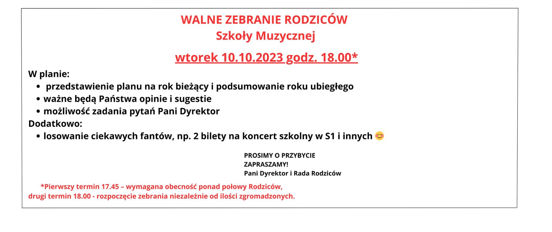 Baner informacyjny dot. zebrania walnego rodziców
