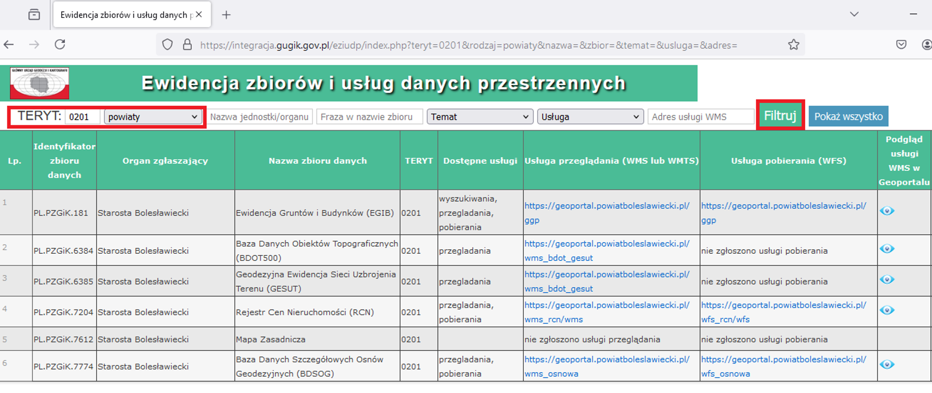 Tabelaryczny widok ewidencji zbiorów i usług danych przestrzennych na stronie Głównego Urzędu Geodezji i Kartografii.