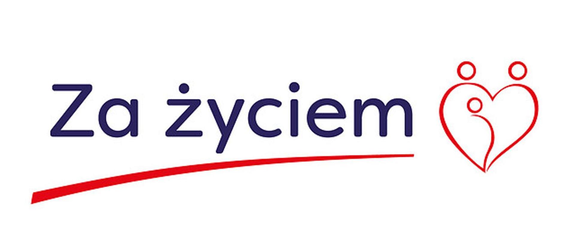 Niebieski napis "Za życiem" na białym tle podkreśłony czerwoną linią. Obok rysunek w kształcie serca. 