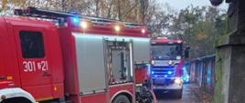 Widoczne dwa samochody gaśnicze z Jednostki Ratowniczo Gaśniczej nr 1. 