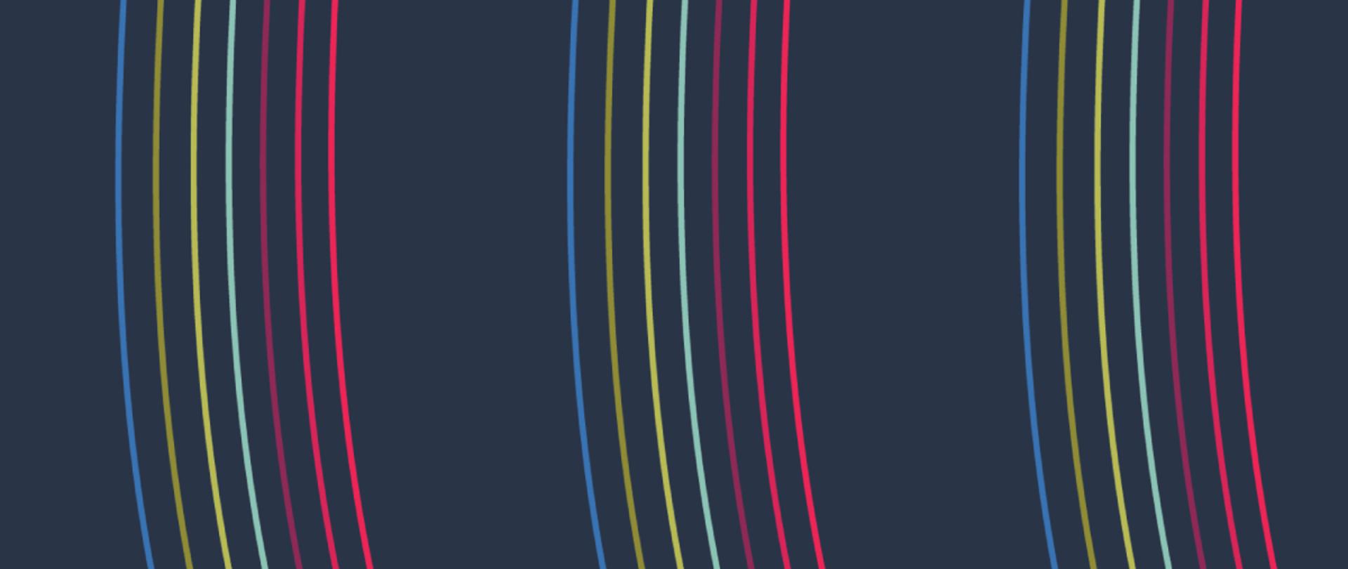 Grafika zawierająca trzy siedmiolinie w różnych kolorach biegnące od górnej do dolnej krawędzi grafiki małym łukiem. Wszystko jest na ciemno granatowym tle.