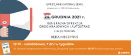 rysunek ręki z megafonem i informacja o tym, że GDDKiA będzie nieczynna 24 grudnia.