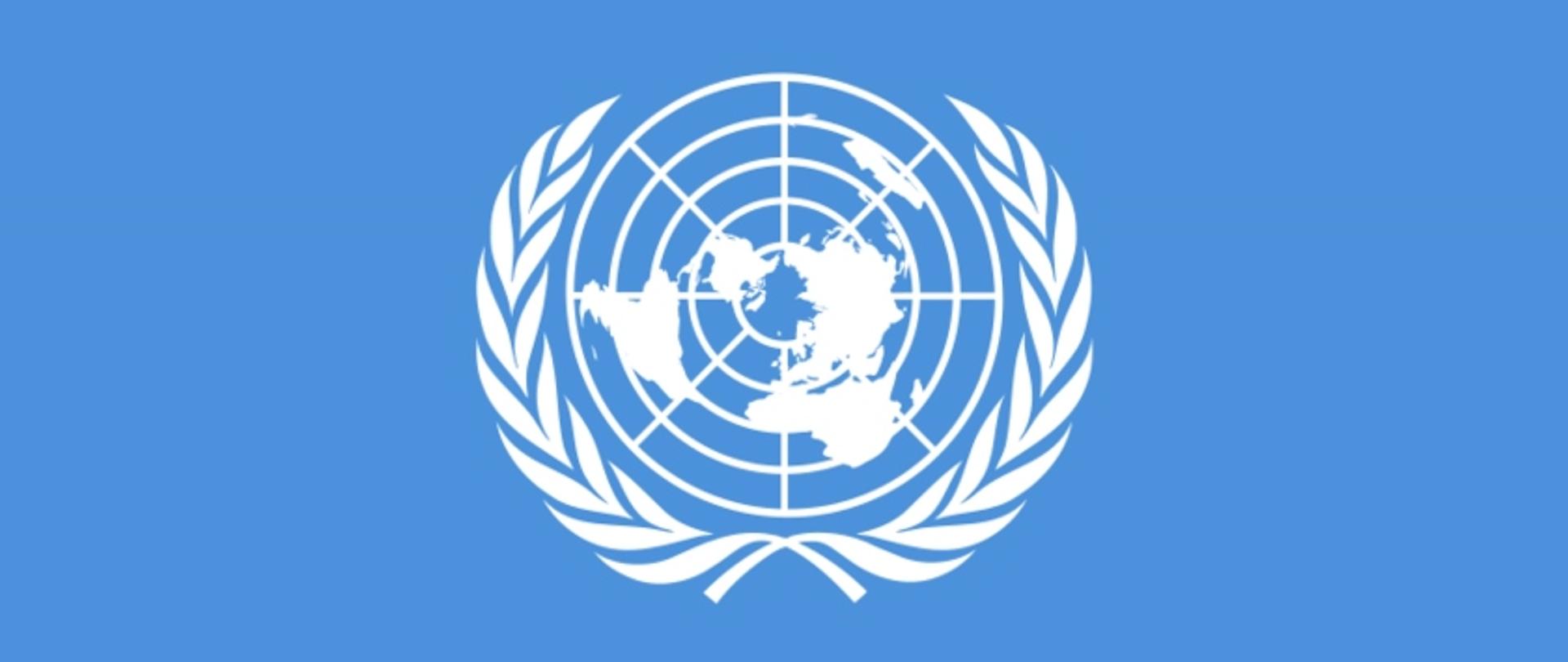 Niebiesko tło a na nim laur a w środku mapa świata