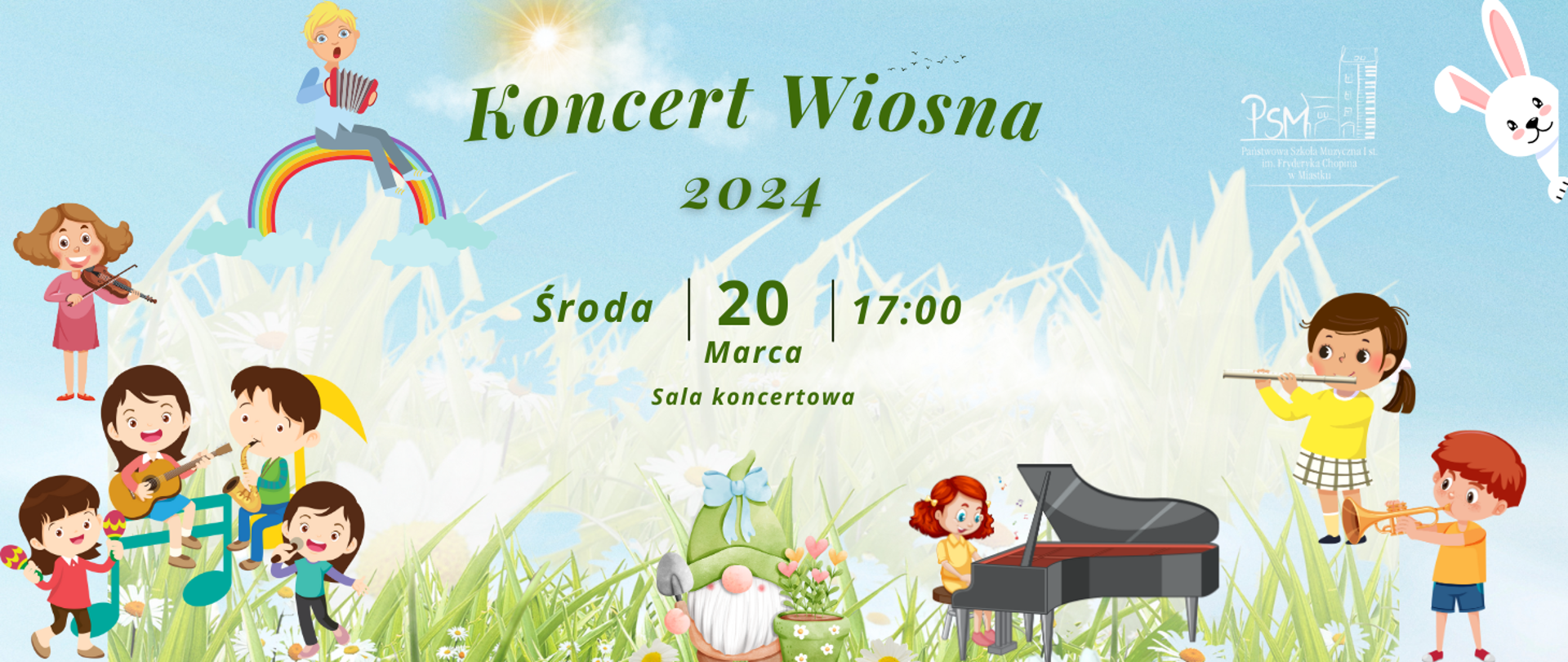 Kolorowe wiosenne kwiaty, tekst informujący o koncercie 20 marca 2024 r. o g. 17.00 w sali koncertowej naszej szkoły - Wiosna 2024. Na grafice są umieszczone dzieci grające na różnych instrumentach.