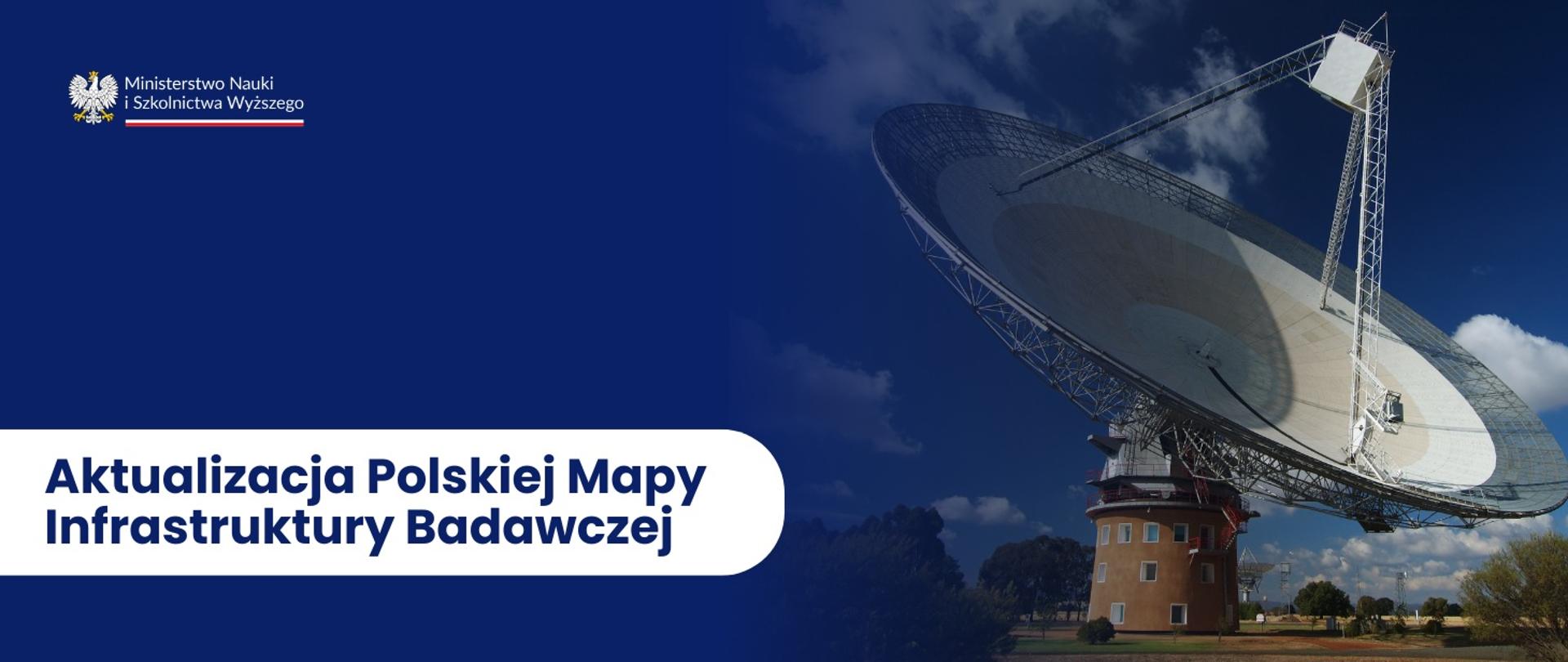 Grafika - na niebieskim tle napis Aktualizacja Polskiej Mapy Infrastruktury Badawczej, obok zdjęcie radioteleskopu.