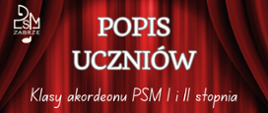 na czerwonym tle imitującym kotarę białe napisy, w lewym górnym rogu białe logo szkoły