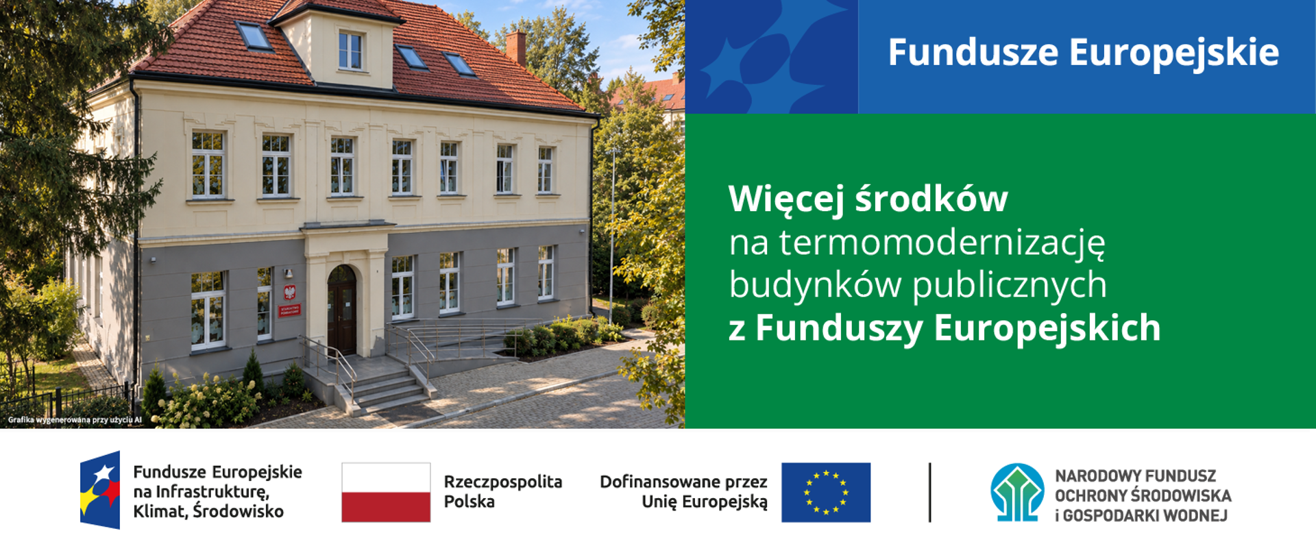 Grafika ilustracyjna. Fundusze Europejskie. Więcej środków na termomodernizację budynków publicznych z Funduszy Europejskich. Ciąg logotypów FEnIKS.