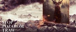 Plakat kampanii Stop pożarom traw - widok spalonego lasu
