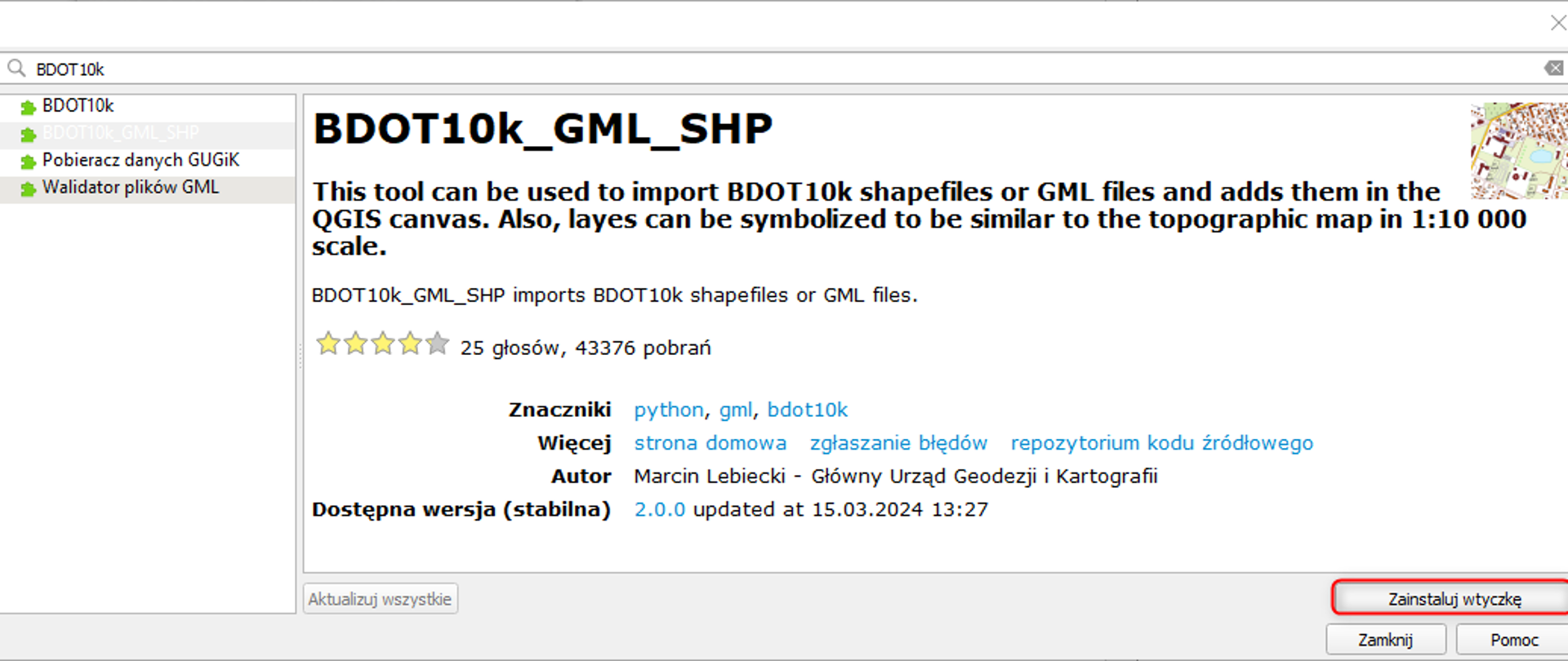 Ilustracja przedstawia sposób instalacji wtyczki BDOT10k_GML_SHP w oprogramowaniu QGIS