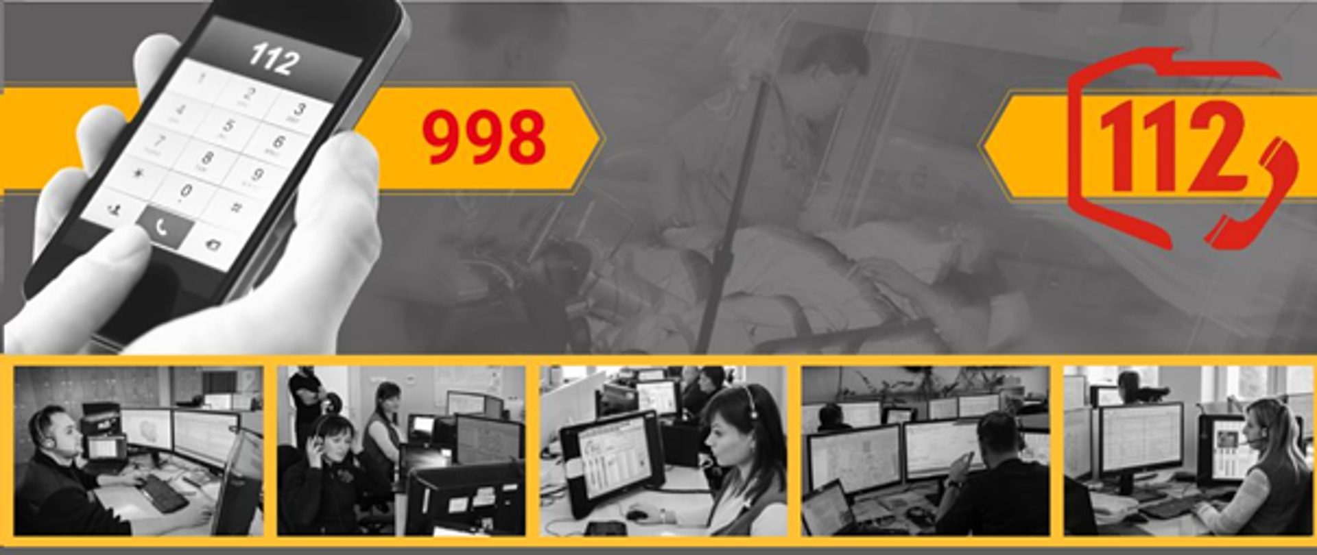 Plakat informacyjny dotyczący przełączenia numeru alarmowego 998 na 112. Na obrazku znajduje się telefon komórkowy i numery telefonów 998 i 112.