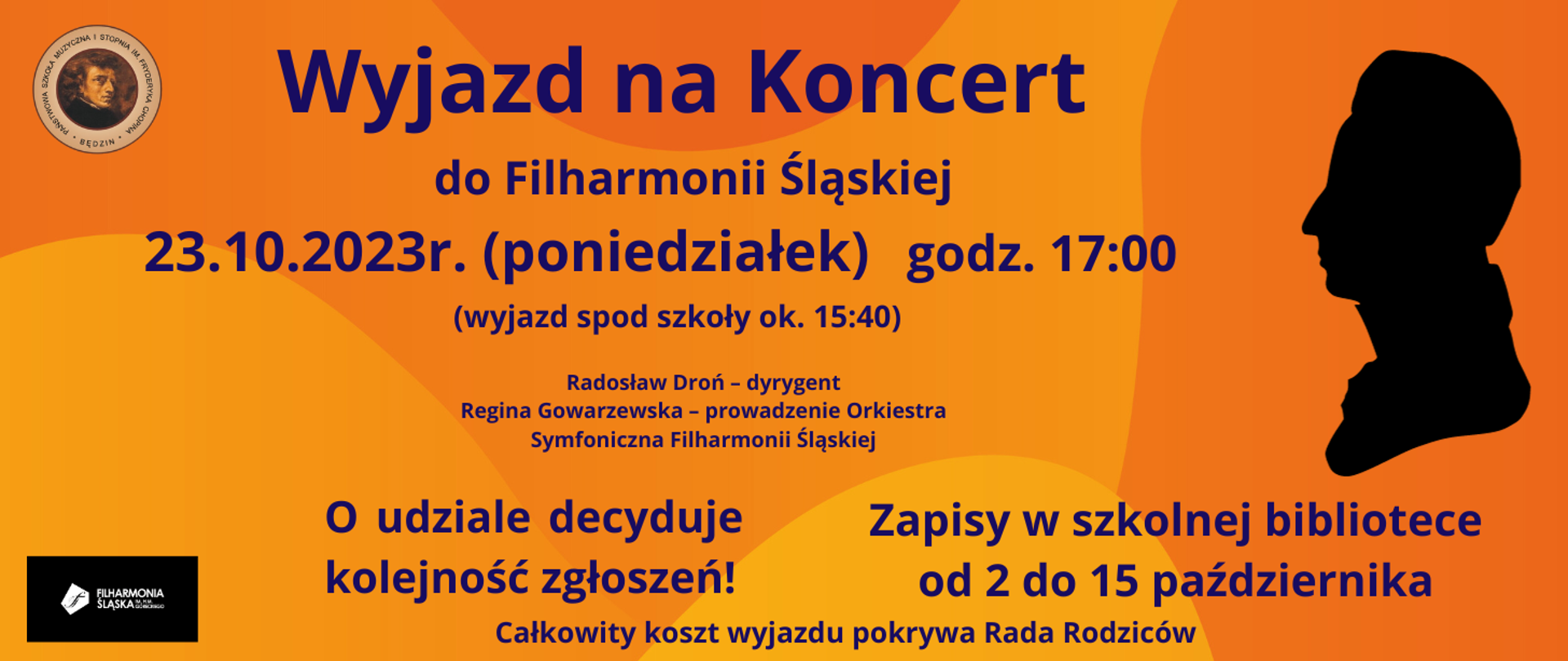pomarańczowy baner, treść w kolorze granatowym, po lewej stronie logotypy szkoły i filharmonii