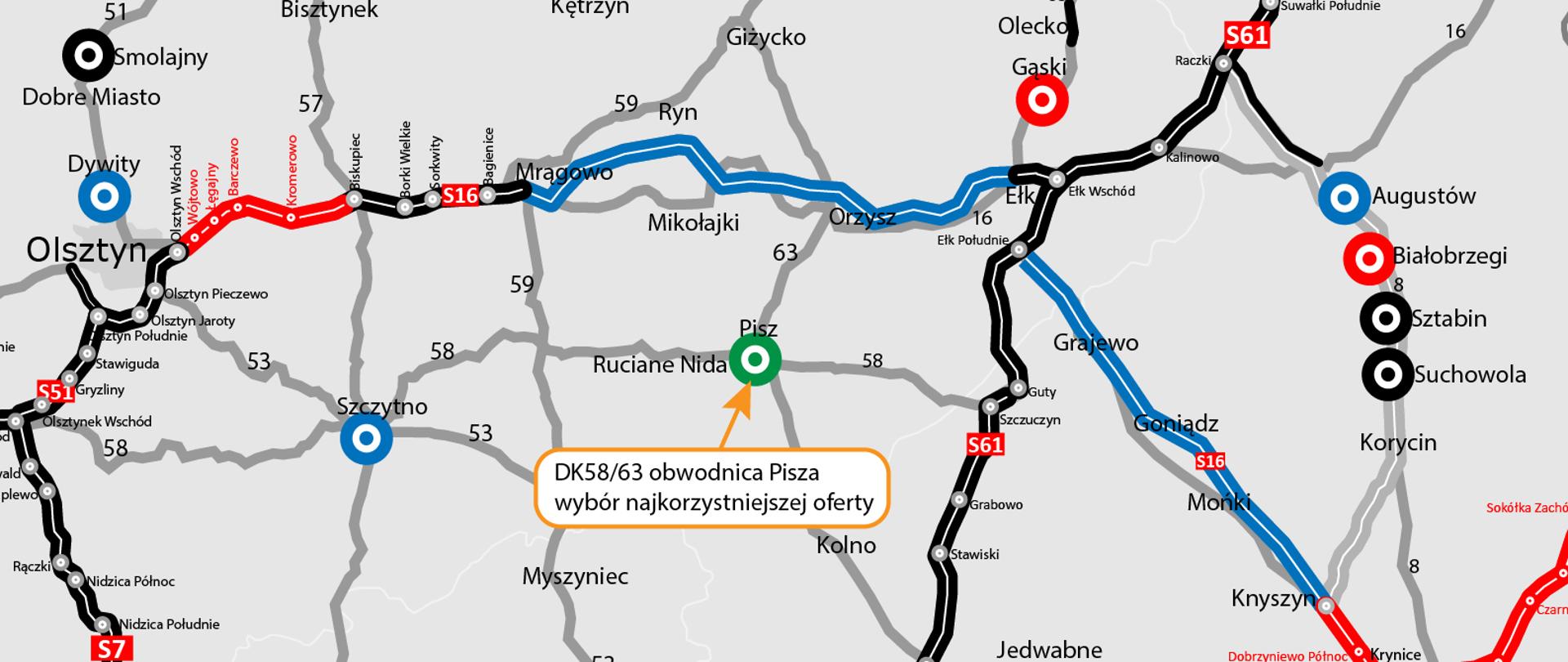 Mapa północno‑wschodniej Polski pokazująca główne miasta i sieć dróg krajowych oraz ekspresowych, z zaznaczonymi wariantami tras i inwestycjami drogowymi, m.in. DK58/63 – obwodnicą Pisza