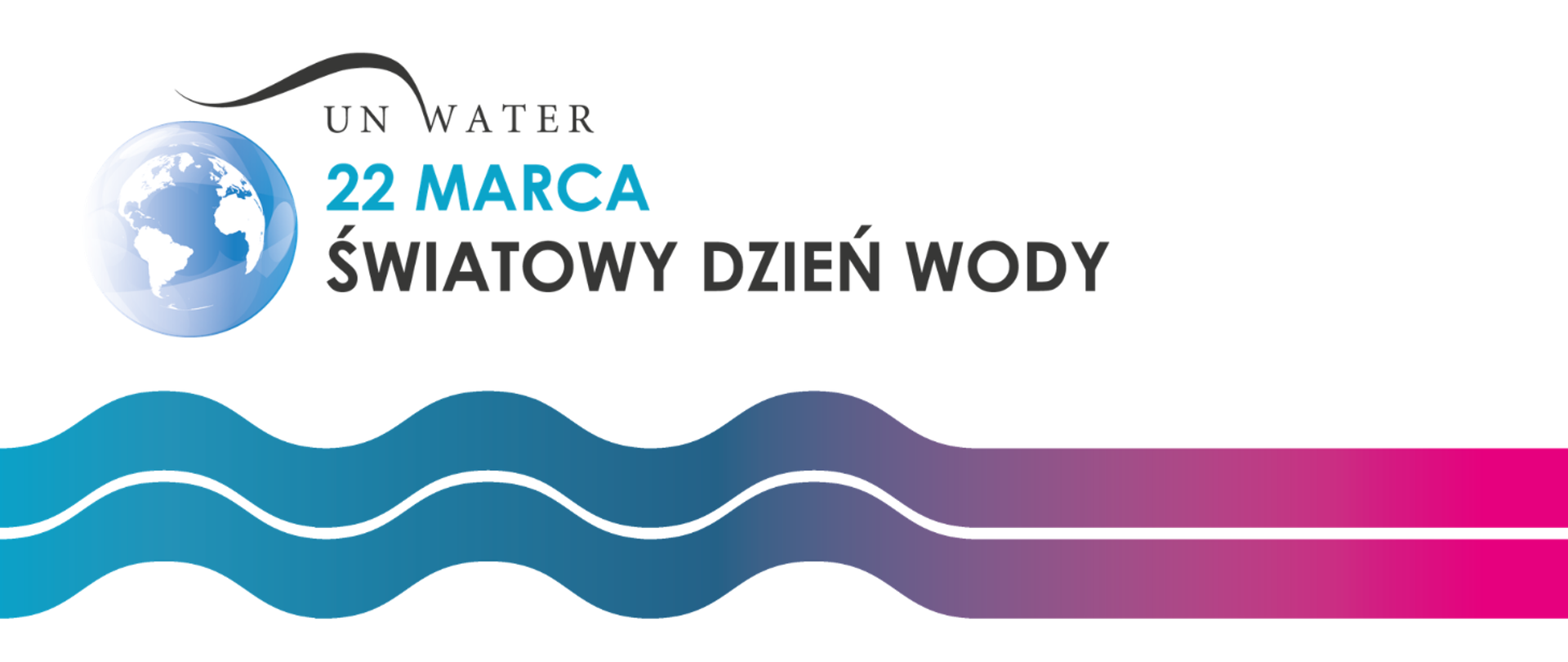 białe tło, na dole symbol płynącej rzeki, od lewej strony niebieskie meandry rzeki, od środka przechodzą w różowy prosty nurt. Na górze bliżej lewej krawędzi logo Światowego Dnia Wody programu Narodów Zjednoczonych w postaci kuli ziemskiej w kropli wody i napis: 22 marca Światowy Dzień Wody 