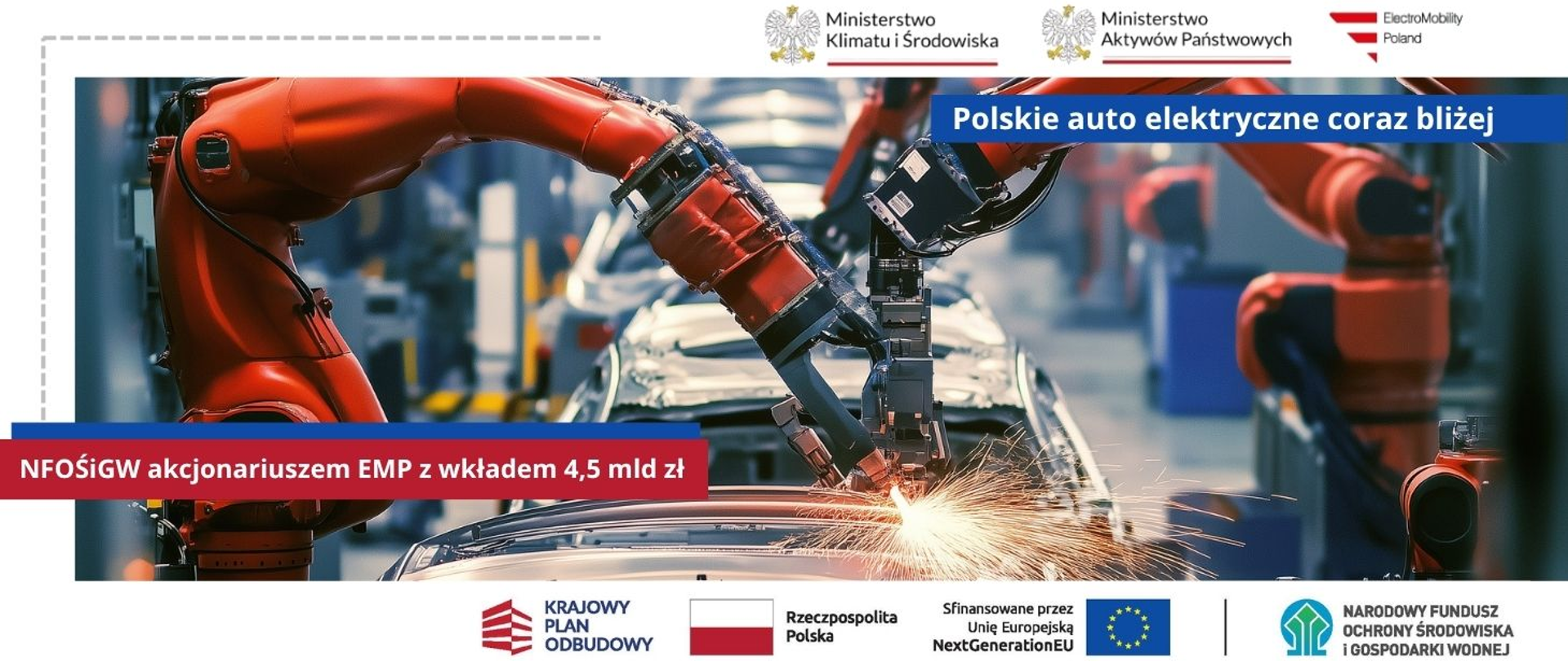 Plansza ilustracyjna. Czerwone roboty przemysłowe spawające nadwozie samochodu w fabryce. Napisy: „Polskie auto elektryczne coraz bliżej” oraz „NFOŚiGW akcjonariuszem EMP z wkładem 4,5 mld zł”. U góry, od lewej, znajdują się logotypy: Ministerstwa Klimatu i Środowiska, Ministerstwa Aktywów Państwowych oraz ElectroMobility Poland. Na dole, od lewej: Krajowego Planu Odbudowy, Rzeczypospolitej Polskiej, Unii Europejskiej – NextGenerationEU oraz Narodowego Funduszu Ochrony Środowiska i Gospodarki Wodnej.