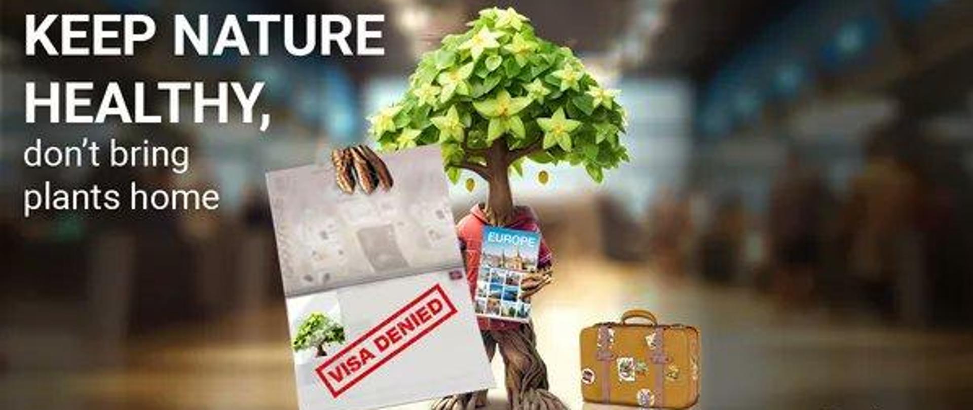 Kampania #PlantHealth4Life. Drzewo z zielonymi liścmi trzyma w białą kartkę z napisem VISA DENIED