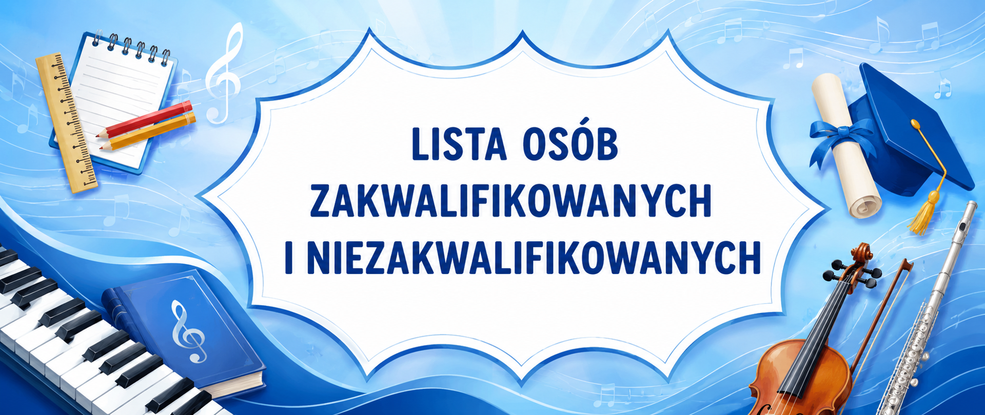 Niebieska grafika informacyjna z napisem „Lista osób zakwalifikowanych i niezakwalifikowanych”. W tle znajdują się motywy muzyczne i szkolne, m.in. nuty, klawiatura fortepianu, skrzypce, flet, dyplom oraz biret.