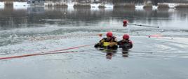 Ćwiczenia z zakresu ratownictwa lodowego, strażacy ćwiczą podejmowanie osoby poszkodowanej z przerębla