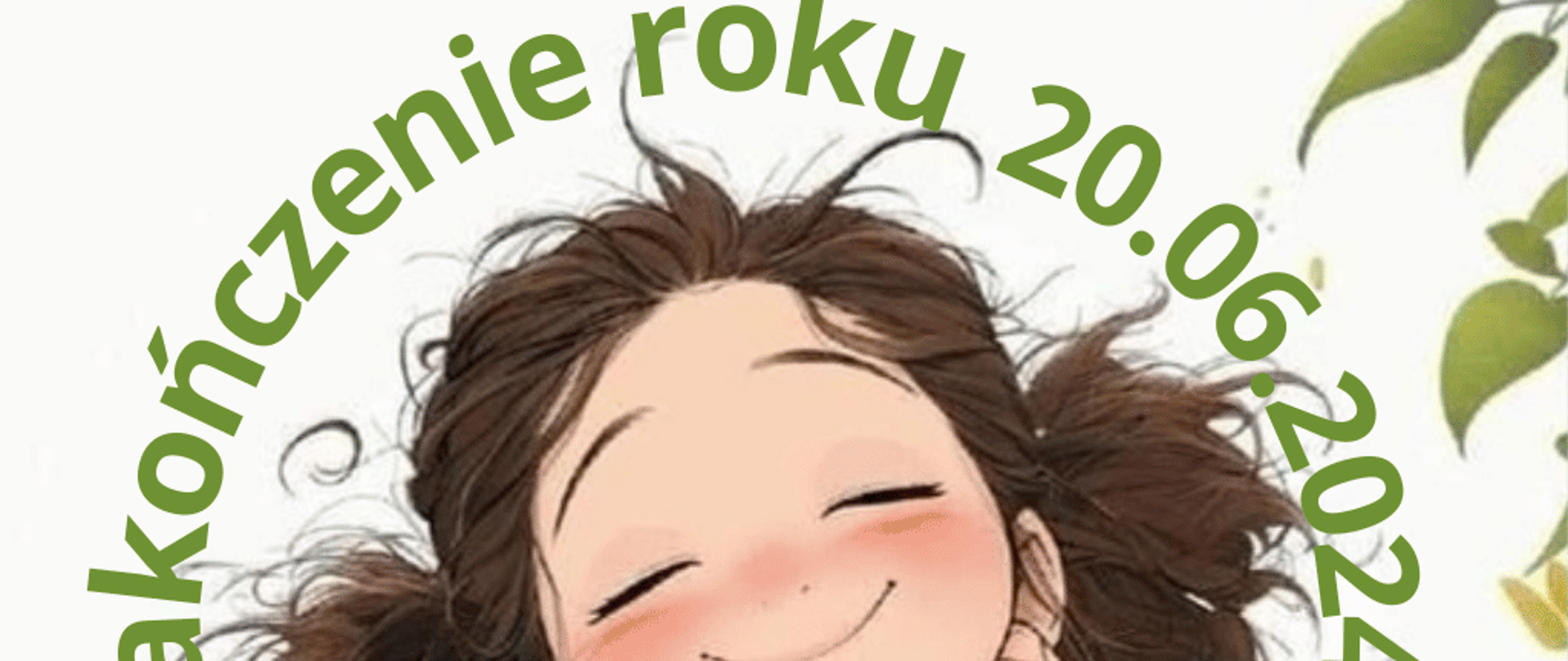 Plakat informujący o zakończeniu roku szkolnego w dniu 20 czerwca 2024 dla uczniów PSM I i II stopnia. Plakat przedstawia siedzącą dziewczynkę, która ma zamknięte oczy i marzy o wakacjach, a pod jej stopami leży gitara.