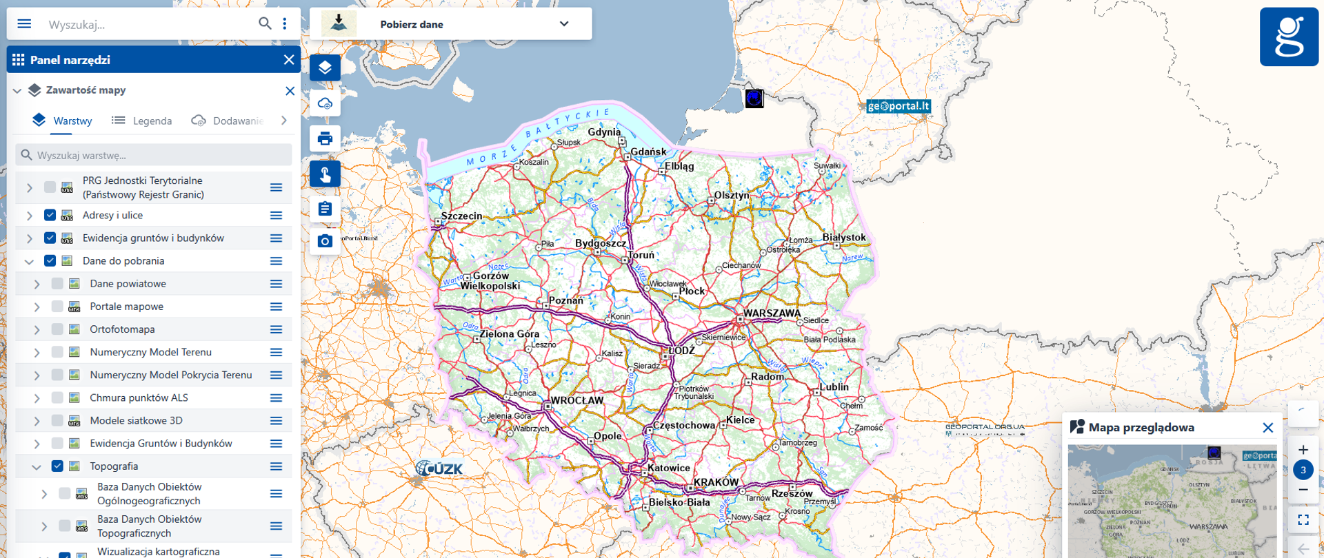Ilustracja przedstawia zrzut ekranu modułu Pobierze dane serwisu geoportal.gov.pl