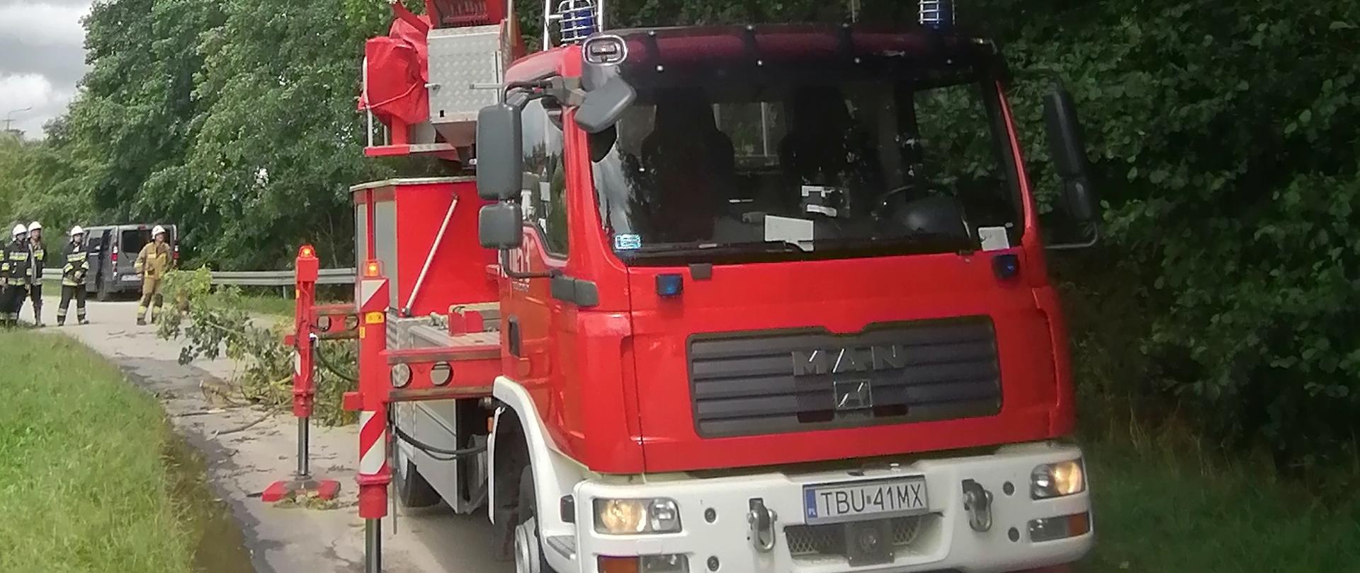 Na 1 planie po prawej stronie rozstawiony podnośnik PSP na jezdni, nad nim i wysokie drzewa, po lewej stronie zieleń, a w tle domy i strażacy OSP