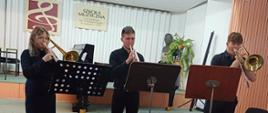 Trio instrumentów dętych blaszanych - puzonistka, trębacz, puzonista