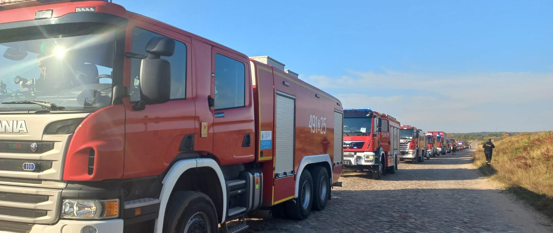 Na zdjęciu kolumna samochodów pożarniczych jadąca przez tereny poligonu wojskowego.