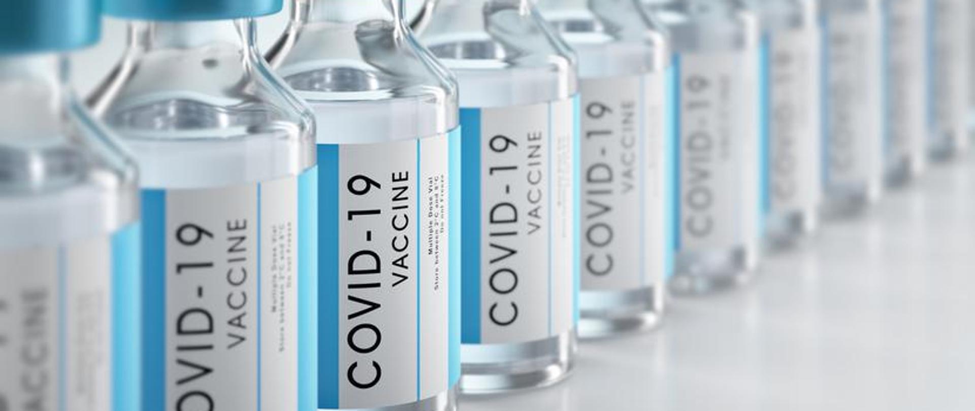 Na zdjęciu znajduje się szereg fiolek ze szczepionką przeciw COVID-19.