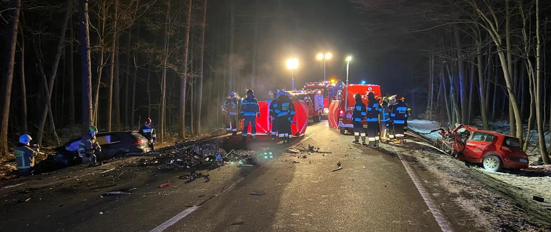Teren działań ratowniczych, po obu stronach poza jezdnią uszkodzone samochody.