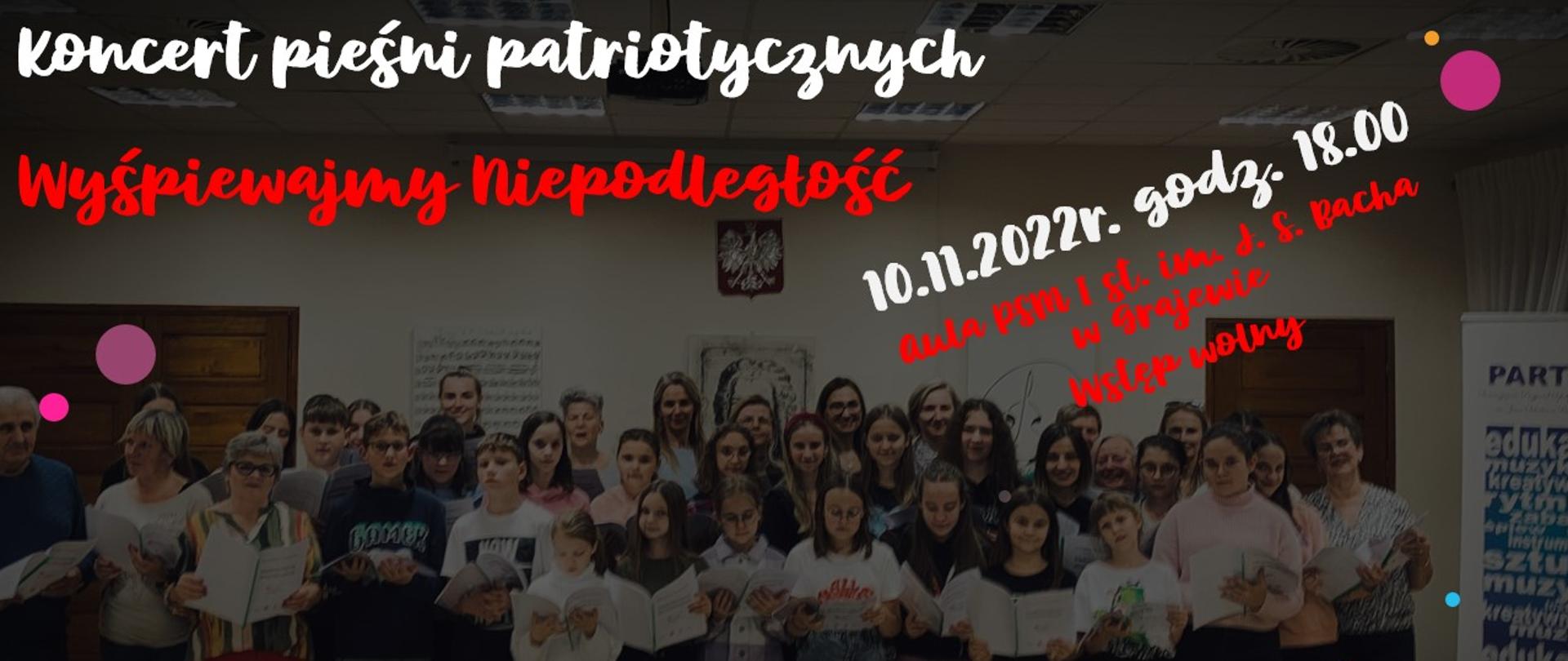 Plakat przedstawia scenę a na niej chór złożony z dzieci i dorosłych 