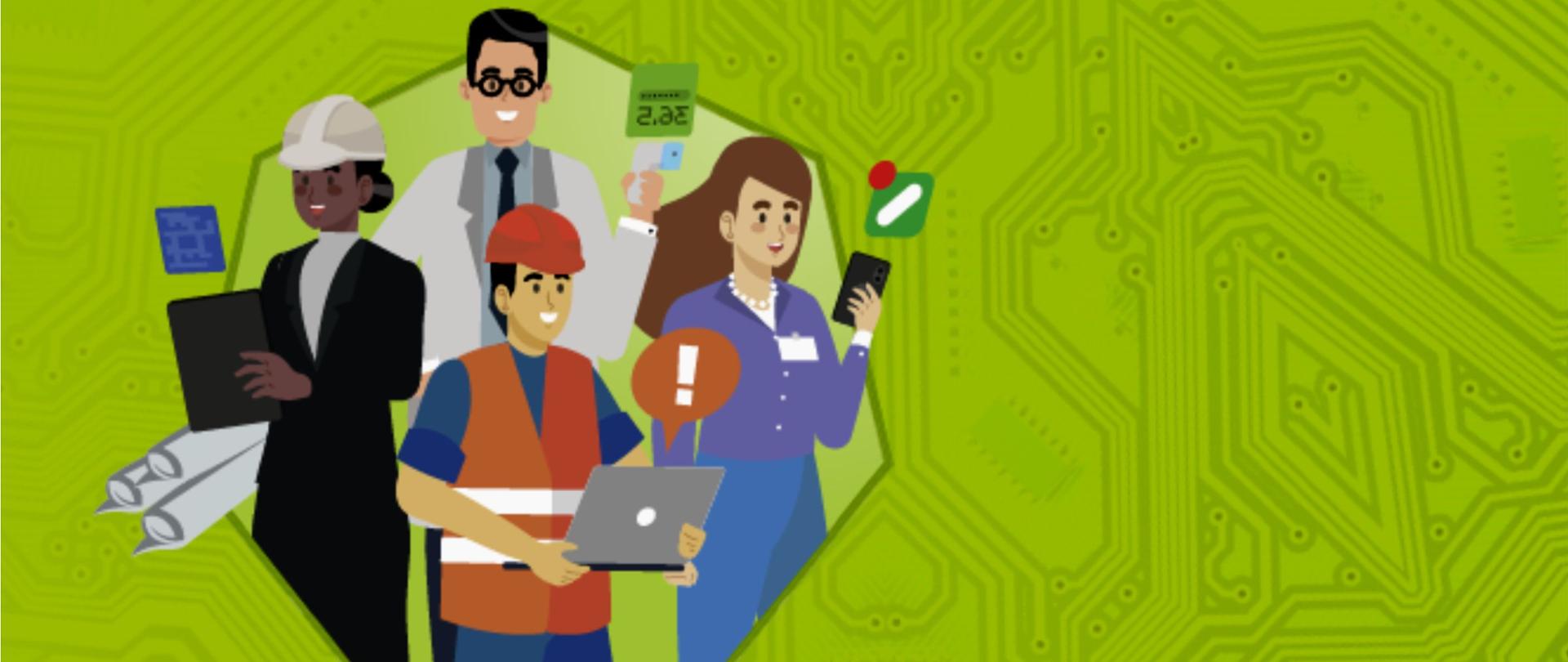 animacyjna ilustracja na zielonym tle płyty elektronicznej z dwoma postaciami kobiet i dwoma postaciami mężczyzn reprezentujące pracowników różnych branż
