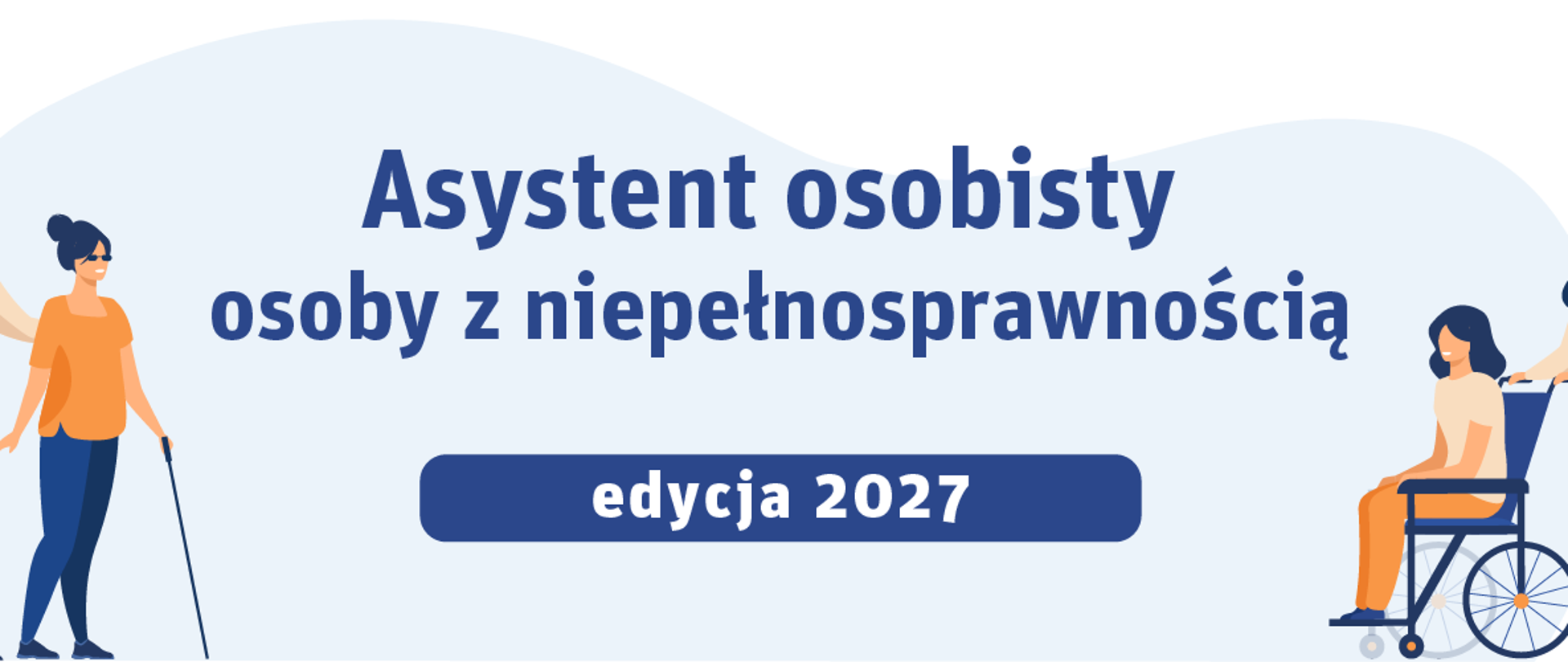 Grafika przedstawia postać osoby niewidomej oraz na wózku inwalidzkim na niebiesko-białym tle