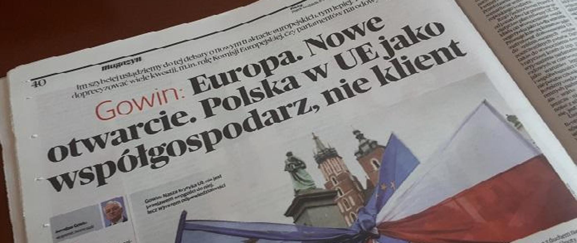 Zdjęcie strony gazety z artykułem "Gowin: Europa. Nowe otwarcie. Polska w UE jako współgospodarz, nie klient"