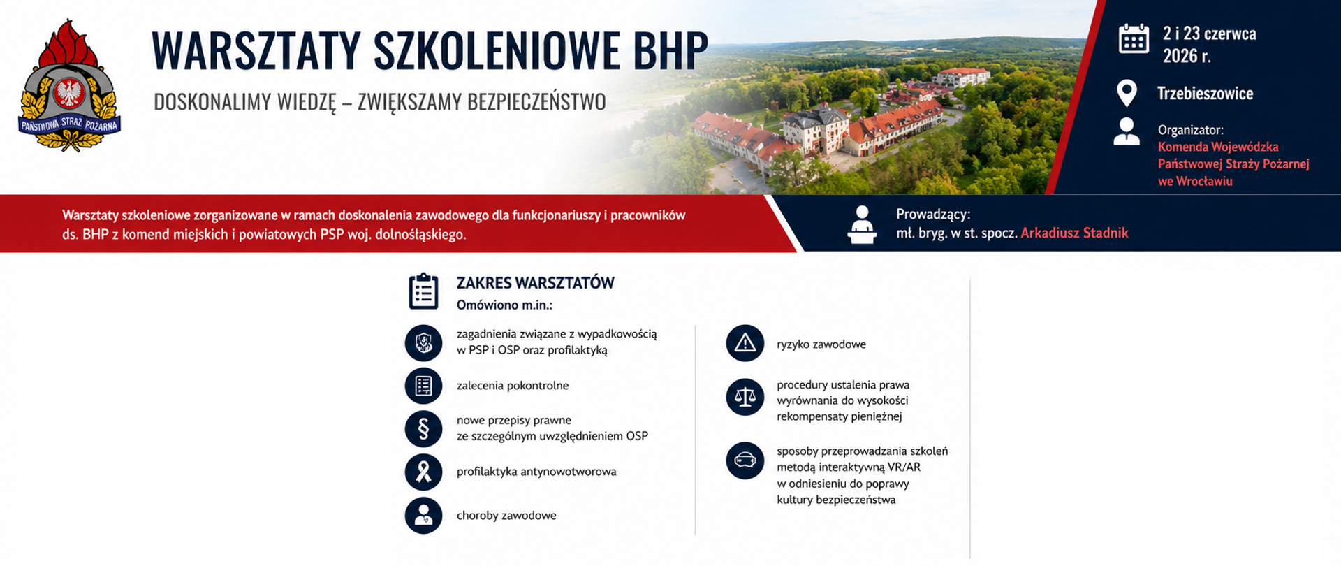 Grafika informacyjna zatytułowana „WARSZTATY SZKOLENIOWE BHP” z podhasłem „Doskonalimy wiedzę – zwiększamy bezpieczeństwo”. W prawym górnym rogu znajduje się zdjęcie lotnicze pałacu w Trzebieszowicach otoczonego zielenią oraz dane organizacyjne: data 2 i 23 czerwca 2026 r., miejsce Trzebieszowice, oraz organizator: Komenda Wojewódzka Państwowej Straży Pożarnej we Wrocławiu. Prowadzącym jest mł. bryg. w st. spocz. Arkadiusz Stadnik.
Środkowa część zawiera sekcję „Zakres warsztatów”, w której wymieniono punkty za pomocą ikon: wypadkowość w PSP i OSP, zalecenia pokontrolne, nowe przepisy prawne, profilaktyka antynowotworowa, choroby zawodowe, ryzyko zawodowe, procedury wyrównania rekompensaty pieniężnej oraz szkolenia VR/AR. Dolny pasek przedstawia cztery wyróżnione wartości: Bezpieczeństwo (zdjęcie strażaków), Wiedza (otwarty notatnik), Współpraca (dłonie układające puzzle) oraz Nowoczesne technologie (osoba w goglach VR). Po prawej stronie umieszczono cytat: „Wspólnie tworzymy kulturę bezpieczeństwa – dziś dla lepszego jutra w służbie i pracy.” W lewym górnym rogu widoczne jest logo Państwowej Straży Pożarnej.